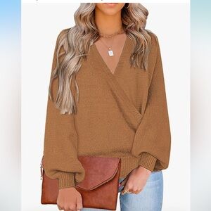 Women's Knit Long Sleeve Faux Wrap Surplice V Neck Sweater Top